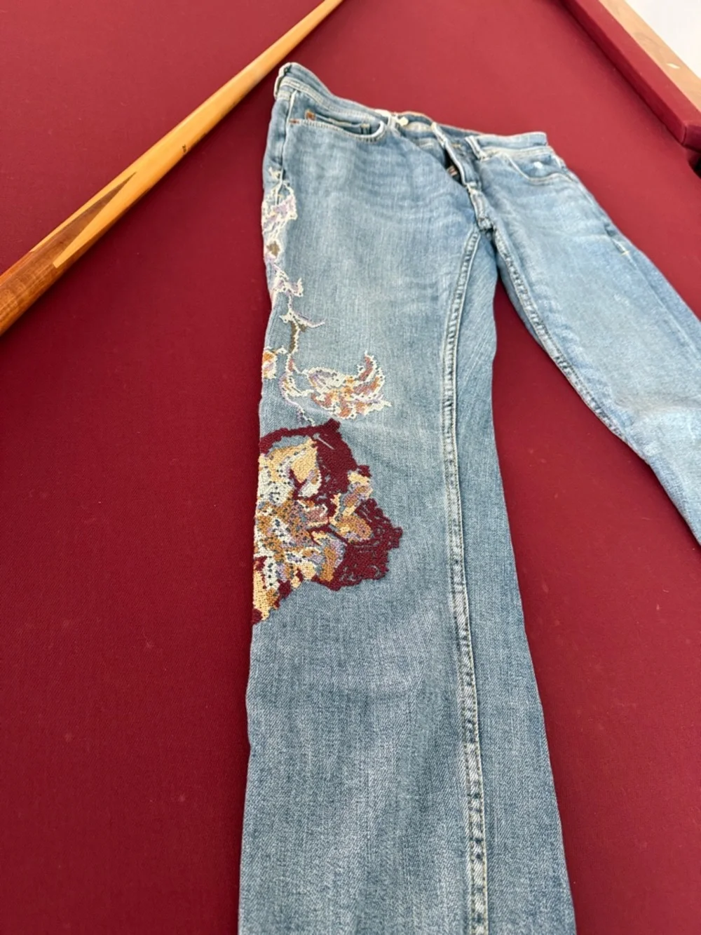 Pilcro Light Blue Straight Leg Jeans with Multicolor Floral Patch - Picture 3 of 3